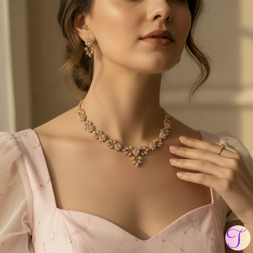 Blush Bloom American Diamond Golden Necklace Set (Pink)