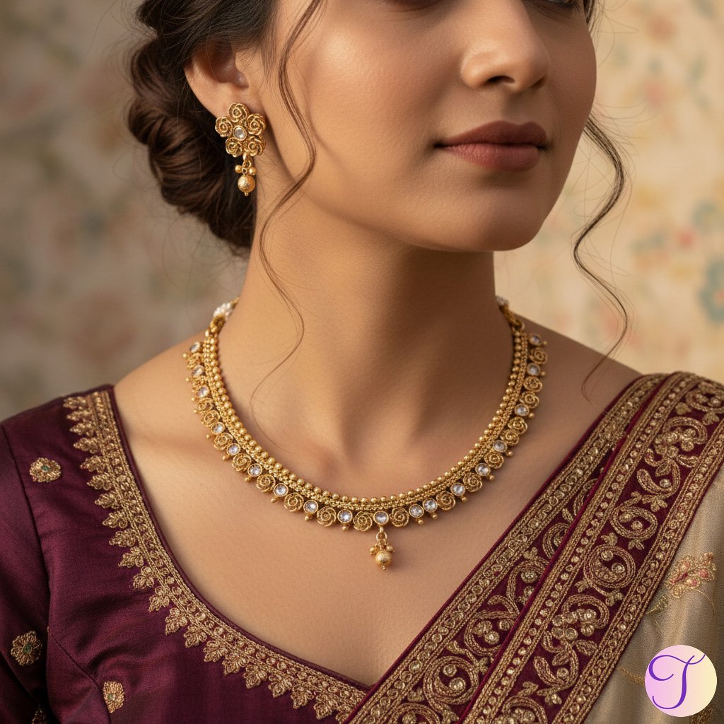 Empress Floral Rajwadi Golden Necklace Set
