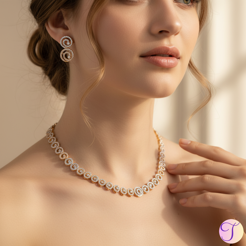 Golden Orbit American Diamond Necklace Set