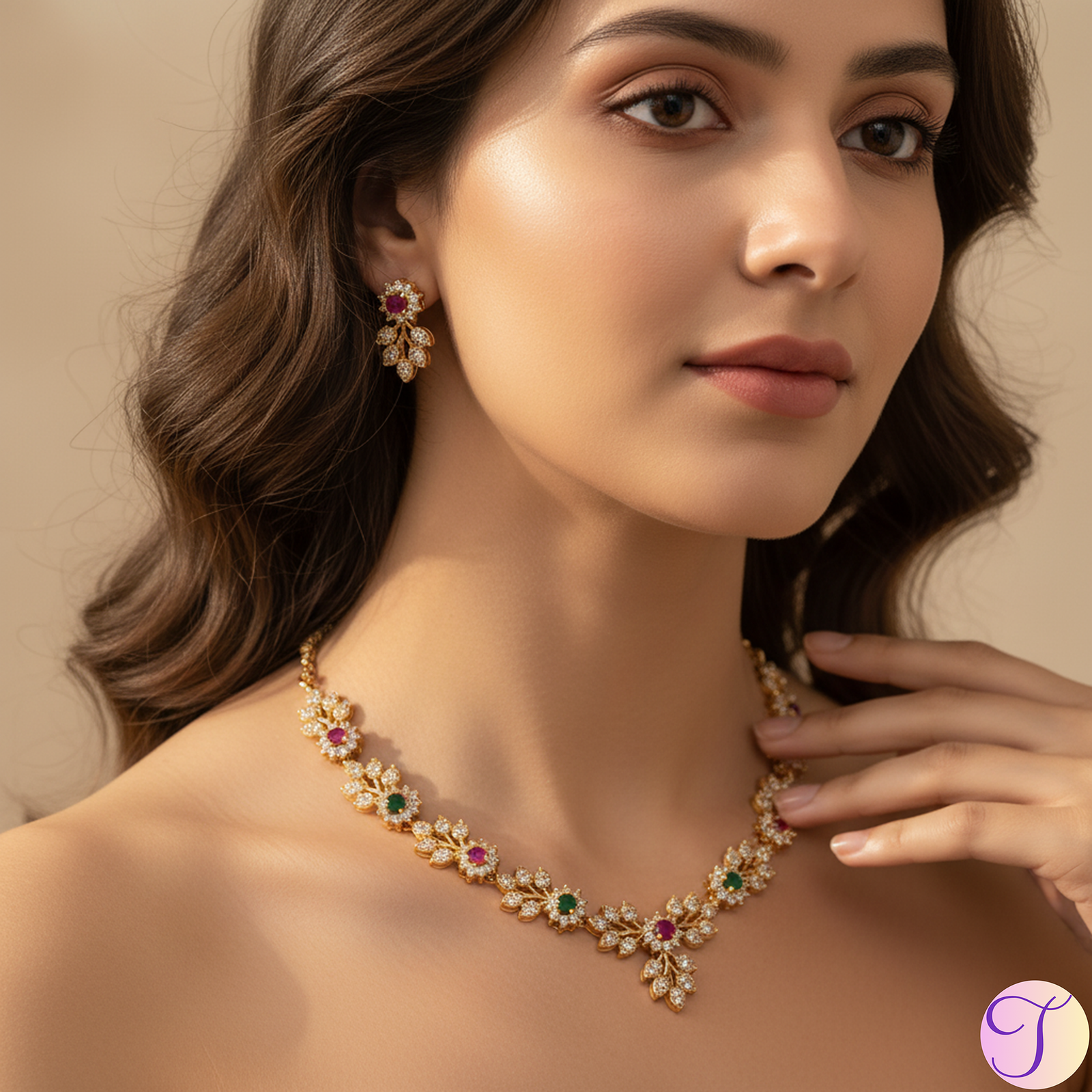 Heritage Hues American Diamond Golden Necklace Set (Multicolored)