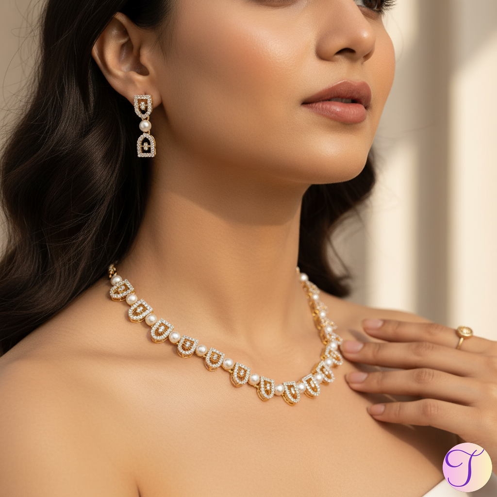 Imperial Sparkle American Diamond Golden Necklace Set