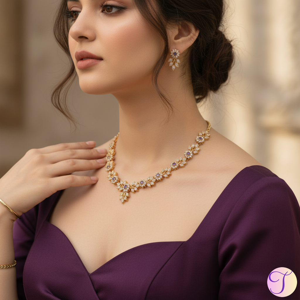 Lavender Luxe American Diamond Golden Necklace Set (Purple)