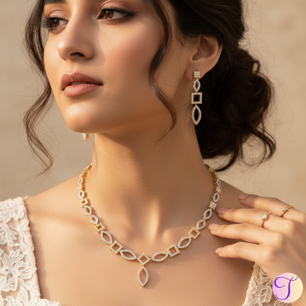 Marquise Mosaic American Diamond Golden Necklace Set
