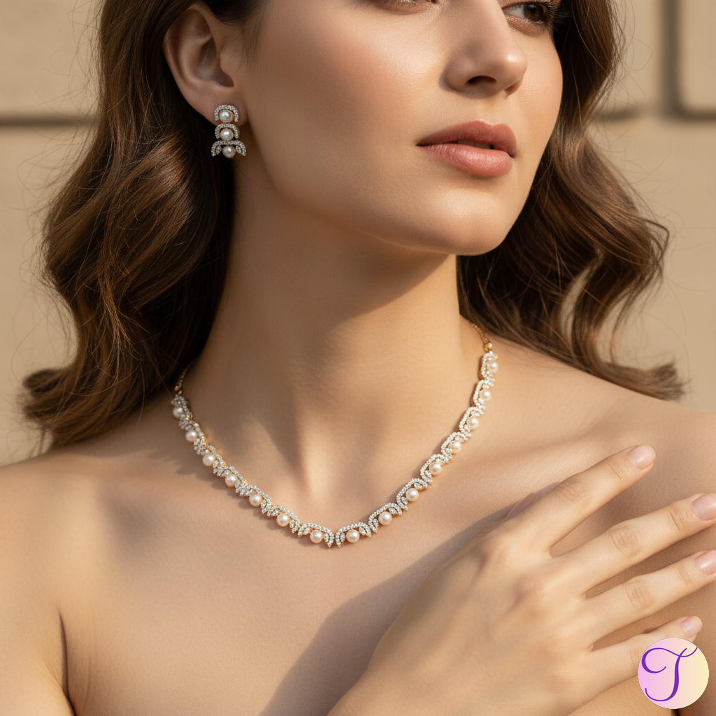 Pearl Symphony American Diamond Golden Necklace Set