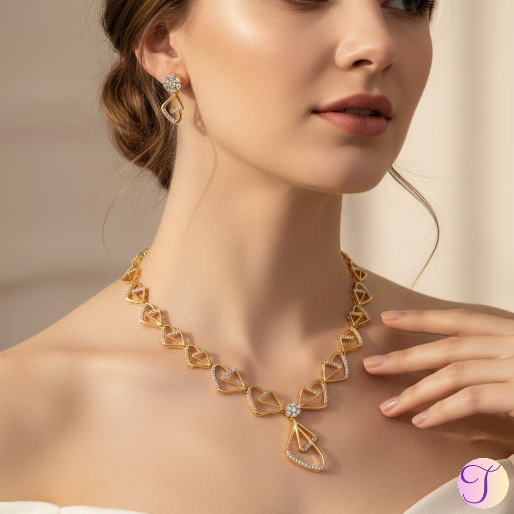 Prism Halo American Diamond Golden Necklace Set