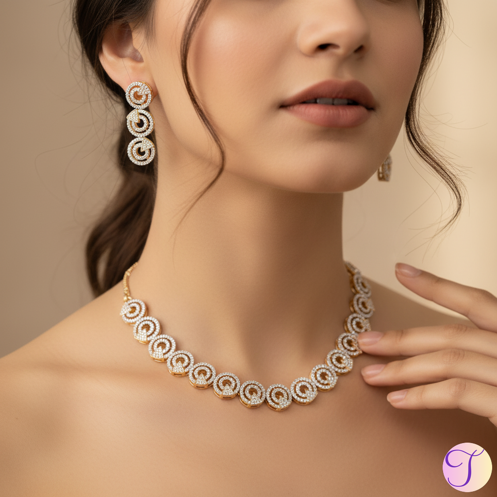 Radiant Loops American Diamond Golden Necklace Set