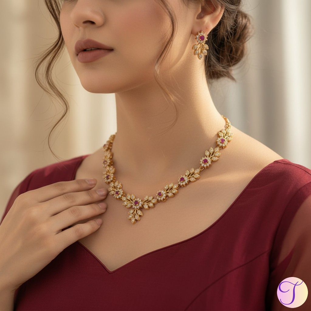Royal Rubies American Diamond Golden Necklace Set (Ruby)