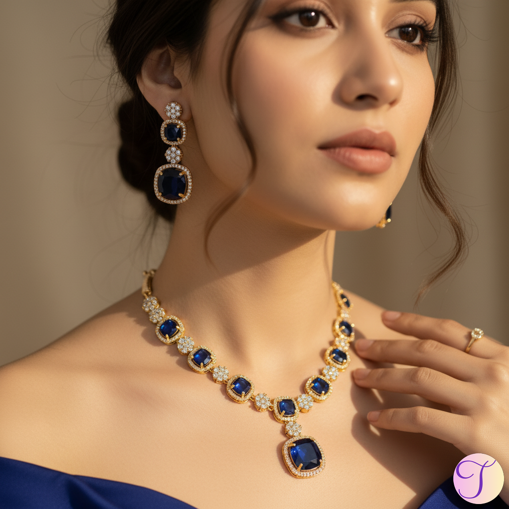 Sapphire Serenade American Diamond Golden Necklace Set