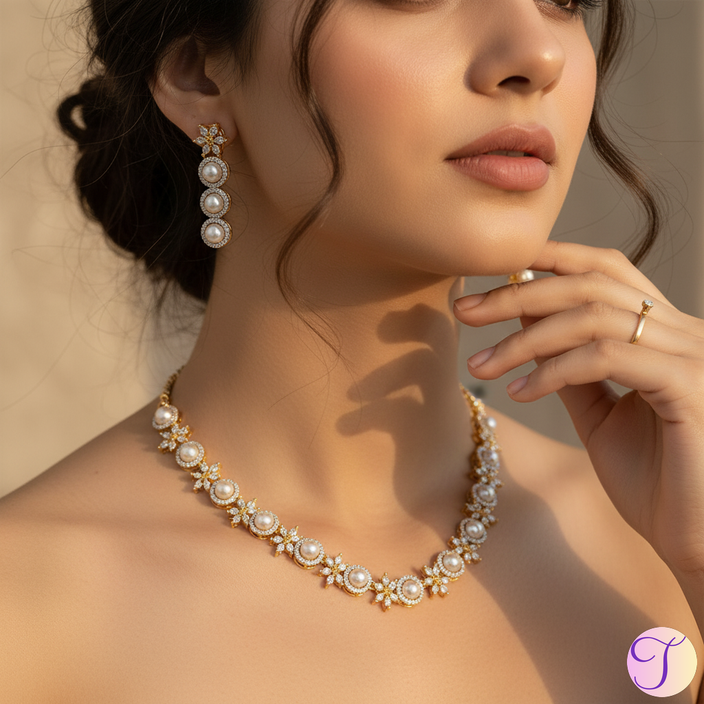 Starlit Pearls American Diamond Golden Necklace Set