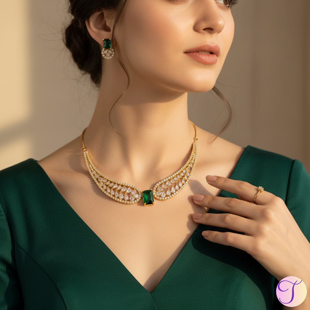 Viridian Wings American Diamond Golden Necklace Set (Green)