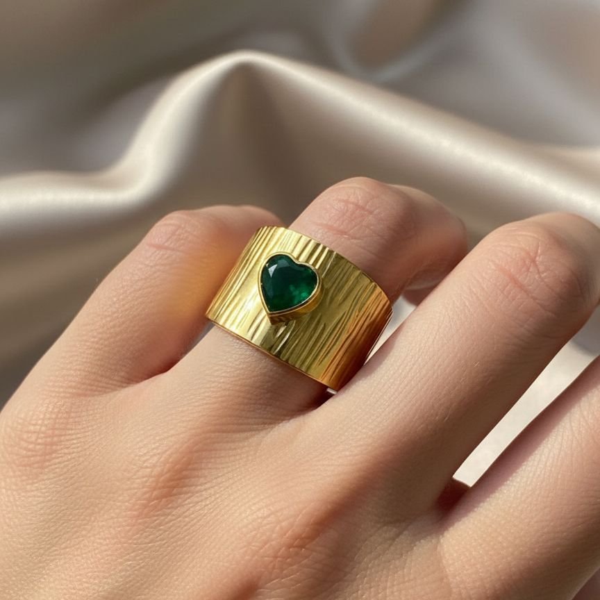 Emerald Heart Anti-Tarnish Textured Gold Ring 1